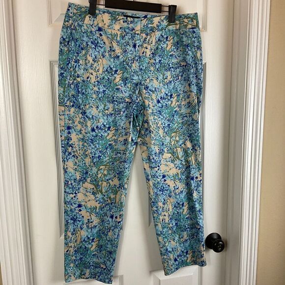 Talbots Signature 12 Blue Watercolor Floral Pant Mid Rise Ankle Career Casual U3 - Picture 7 of 12